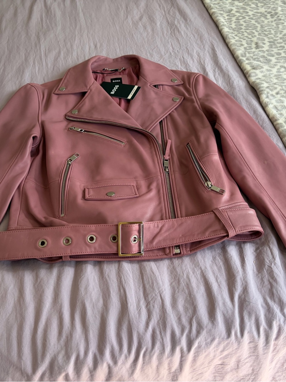 Hugo Boss Dusty Rose Moto Leather Jacket with Belt